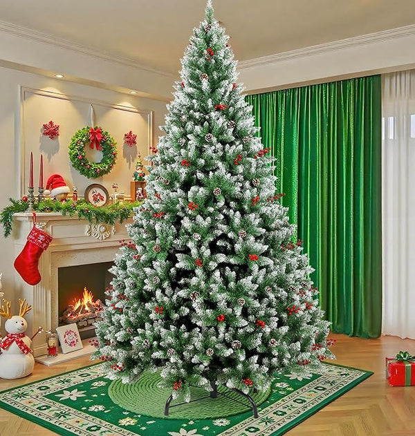 Árvore de Natal, 2.4M Arvore de Nata 1550 Galhos, Decoração de Natal, Árvore de Natal com Pinhas, Cerejas e Neve, com Base de Metal, (2.4M)
