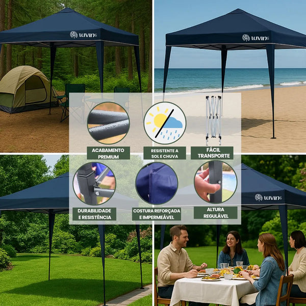 Tenda Gazebo Sanfonada Articulada Luvinco 3x3m Azul Impermeável Resistente Proteção Ao Ar Livre Camping Praia Eventos Montagem Prática Estrutura Resistente Durável