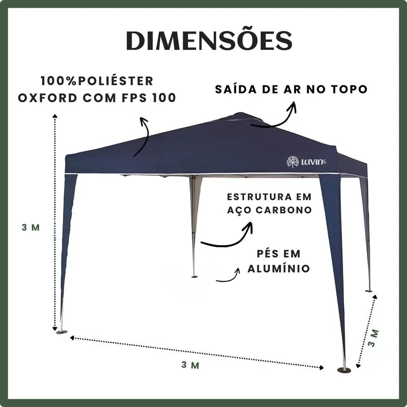 Tenda Gazebo Sanfonada Articulada Luvinco 3x3m Azul Impermeável Resistente Proteção Ao Ar Livre Camping Praia Eventos Montagem Prática Estrutura Resistente Durável